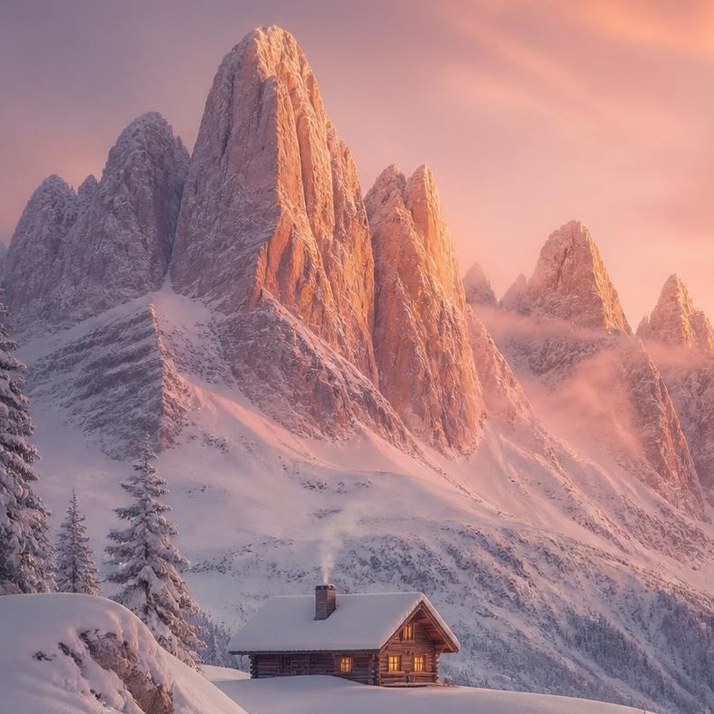 The painting for The Quiet Height, a snowy cabin beneath the Dolomites at sunset