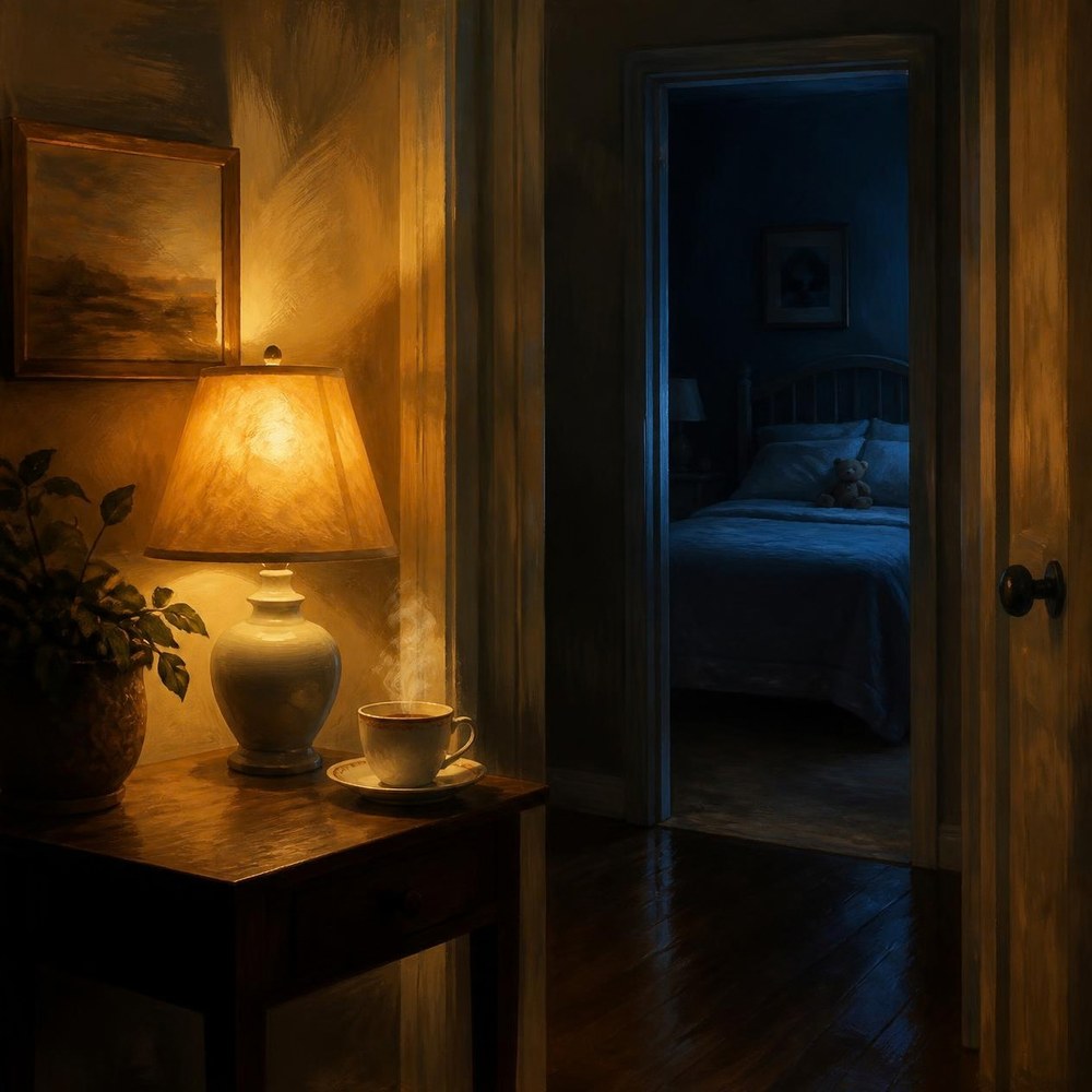 The painting for Room to Fly: a lamp and a cup of tea in a quiet hallway at night, beside the doorway of an empty bedroom