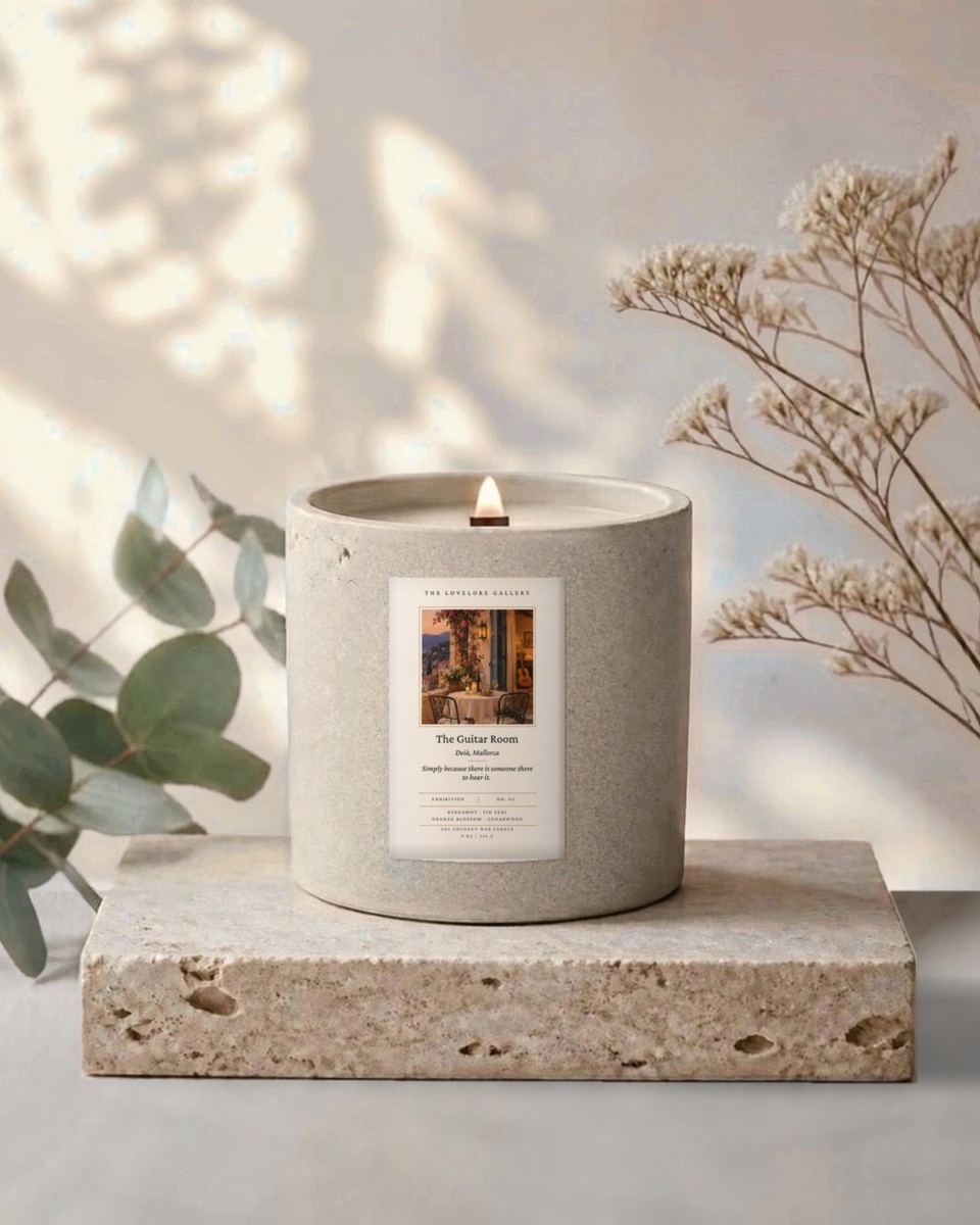 The Guitar Room candle in its handcrafted concrete vessel
