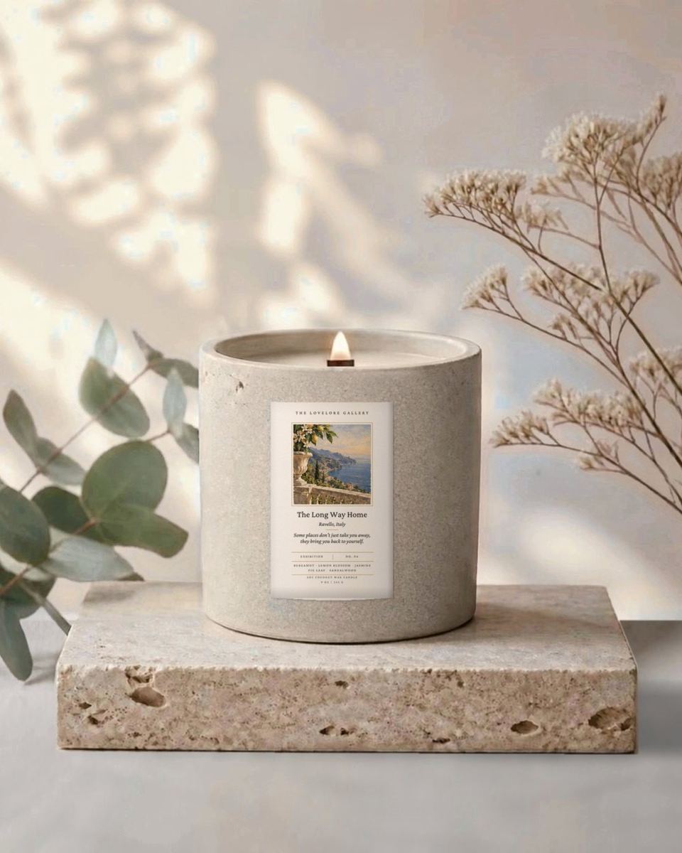 The Long Way Home candle in its handcrafted concrete vessel