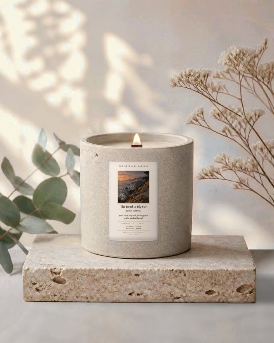 The Road to Big Sur candle in its handcrafted concrete vessel