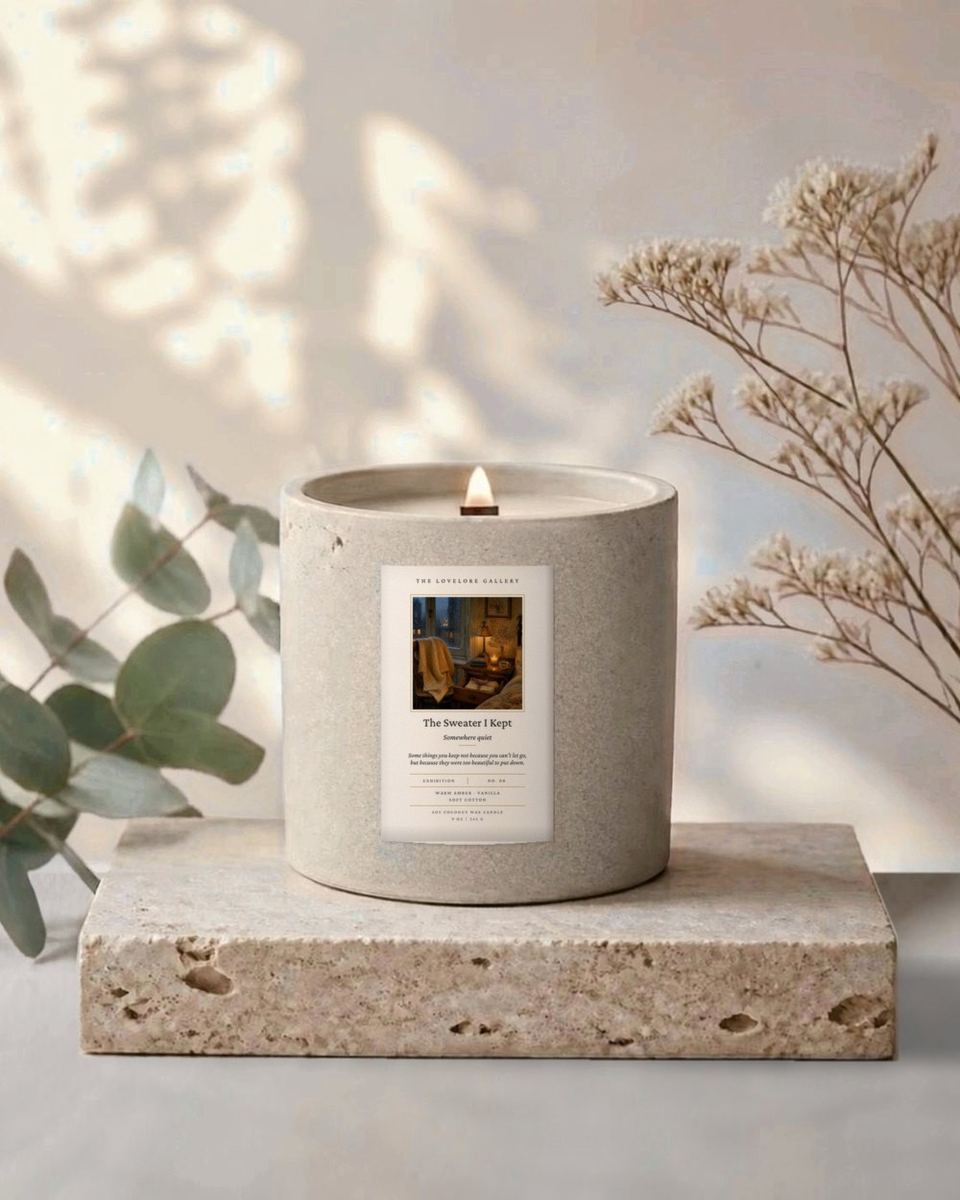The Sweater I Kept candle in its handcrafted concrete vessel