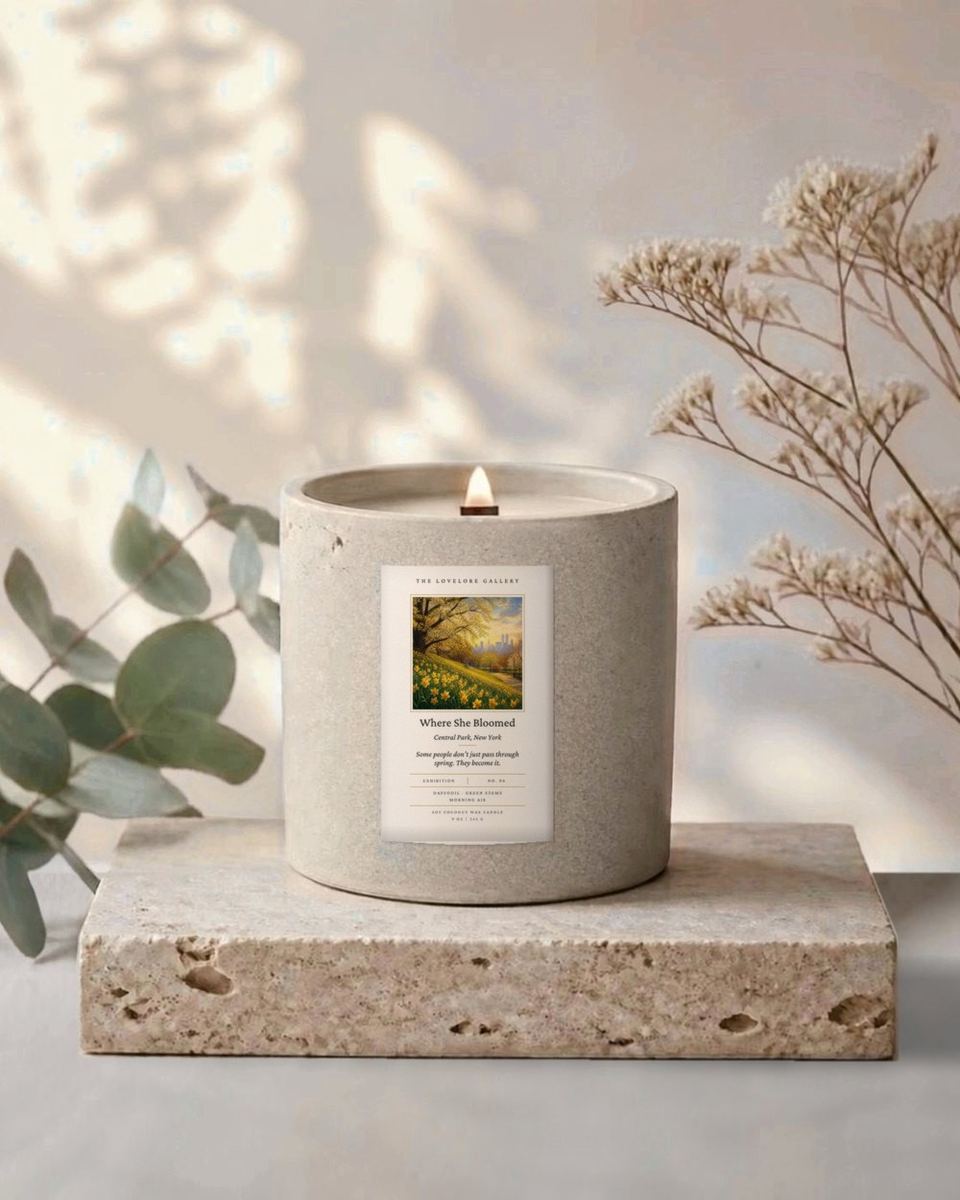 The Where She Bloomed candle in its handcrafted concrete vessel
