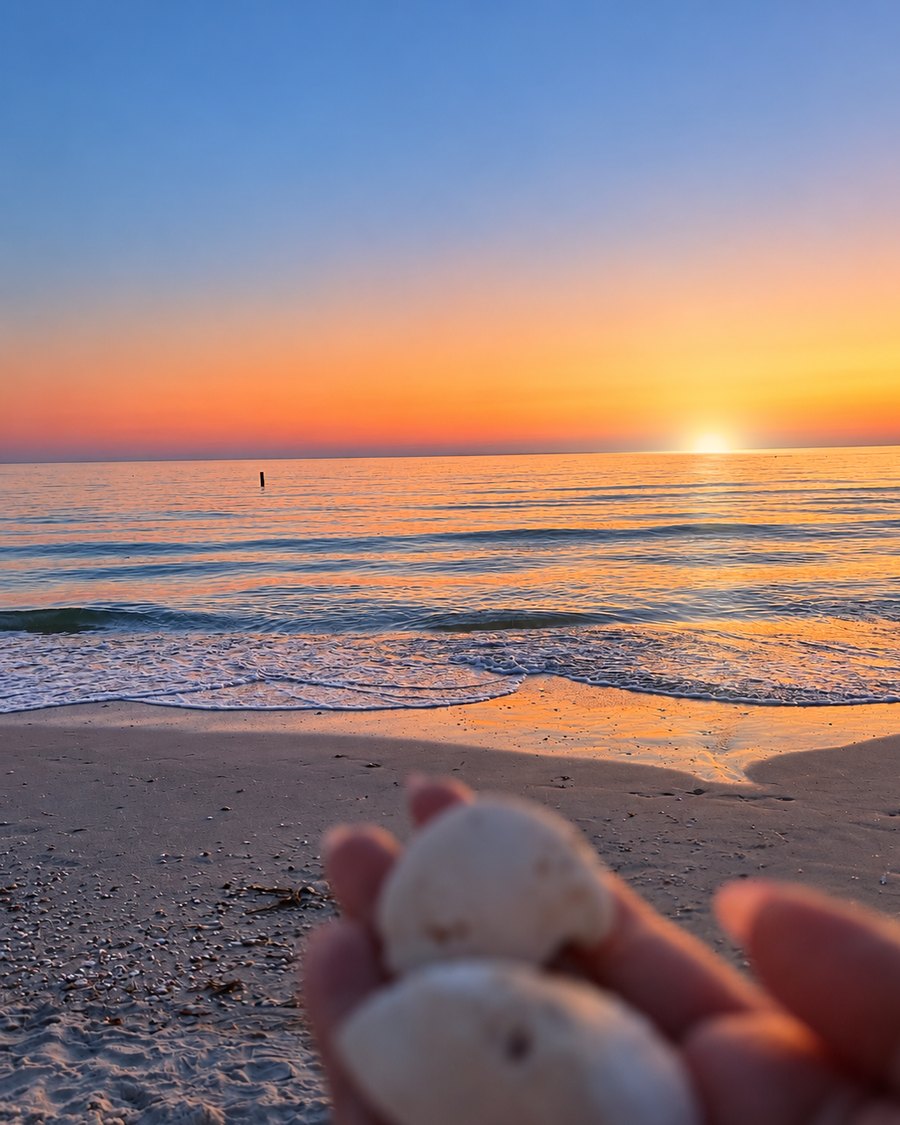 Holding two small shells on the beach as the sun sets over the Gulf in orange and gold