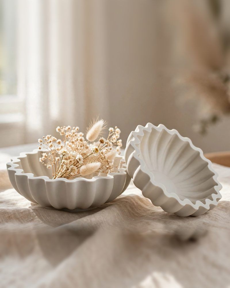 White scalloped Jesmonite bowls with dried flowers