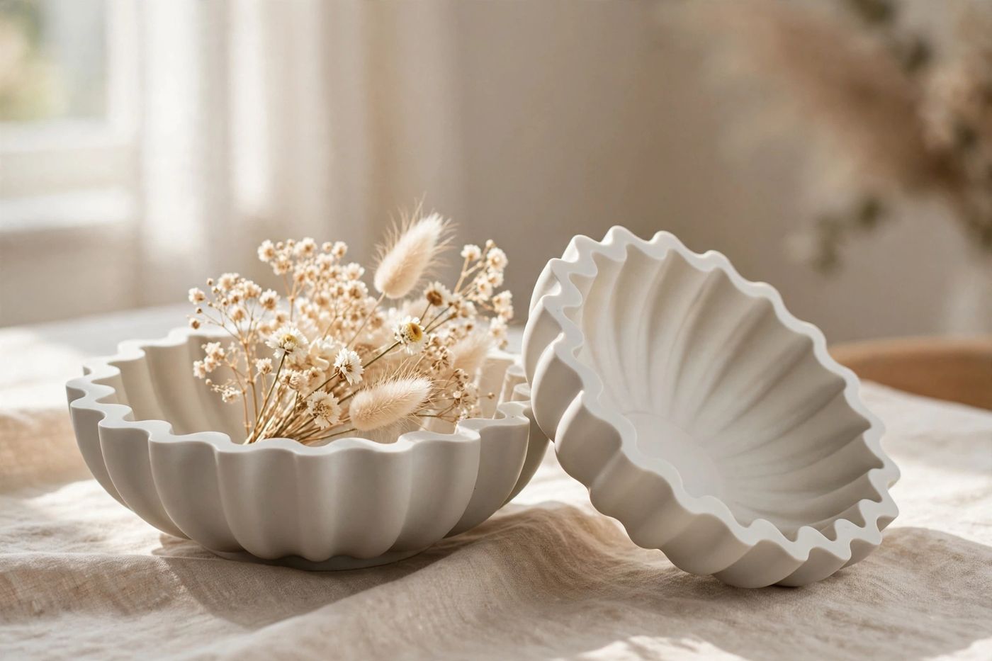Two white scalloped Jesmonite bowls on linen in soft morning light, one holding dried flowers