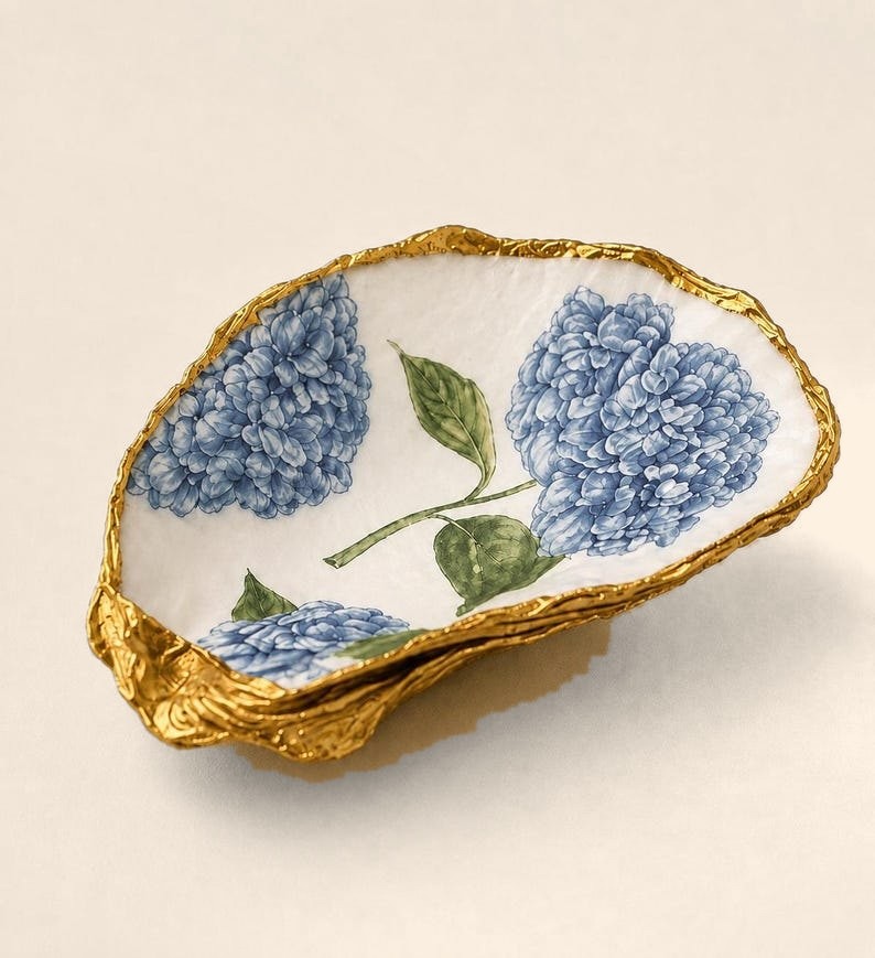 Blue Hydrangea oyster shell ring dish with a gold leaf edge