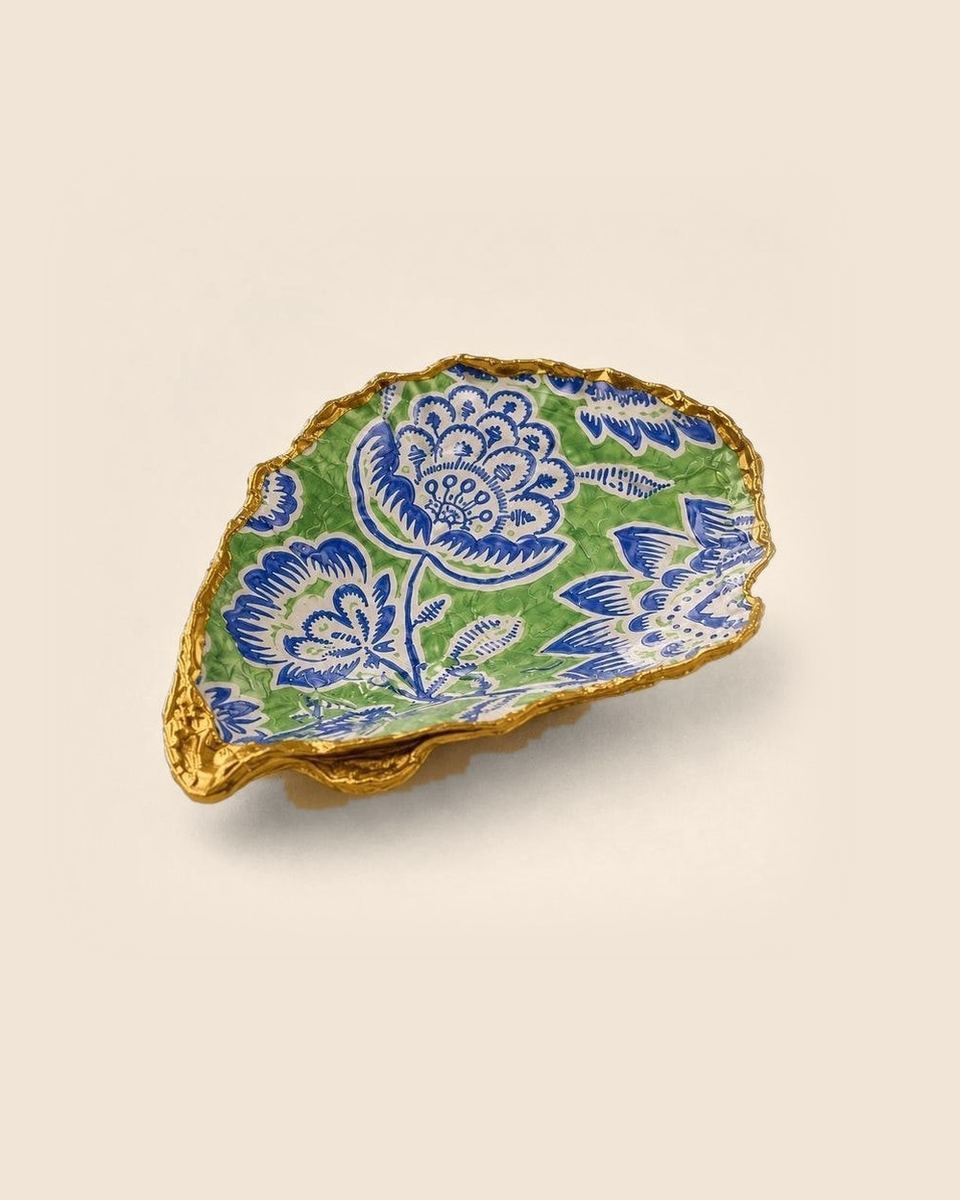 The Blue & Green Floral oyster shell dish with a gold leaf edge