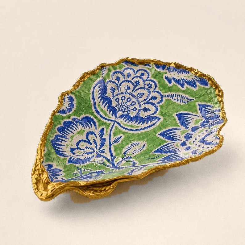 The Blue & Green Floral oyster shell dish with a gold leaf edge