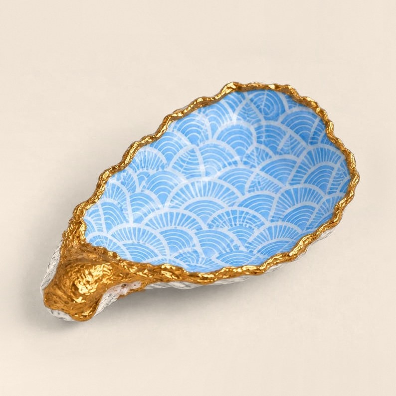 Blue Scallop oyster shell ring dish with a gold leaf edge