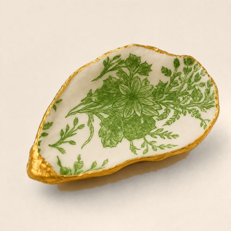 Green Botanical oyster shell ring dish with a gold leaf edge