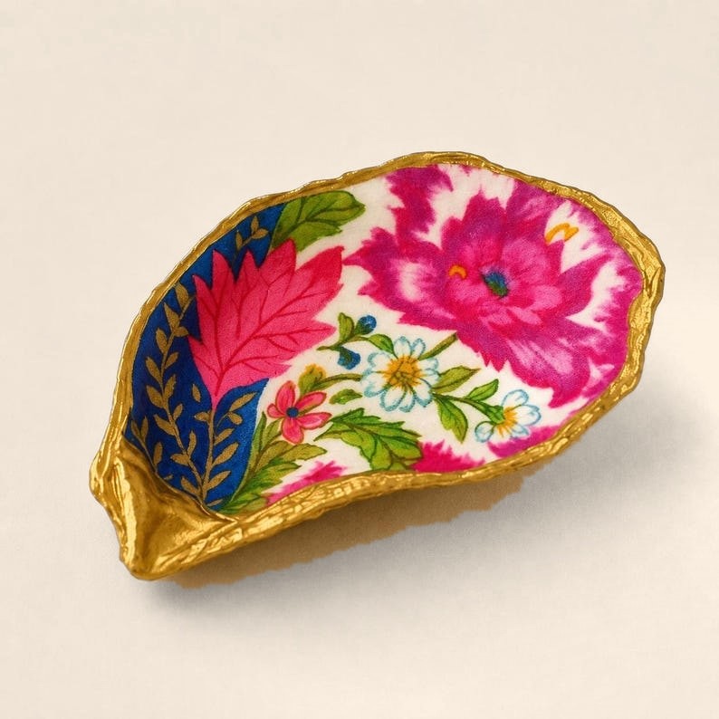 Pink Peony oyster shell ring dish with a gold leaf edge