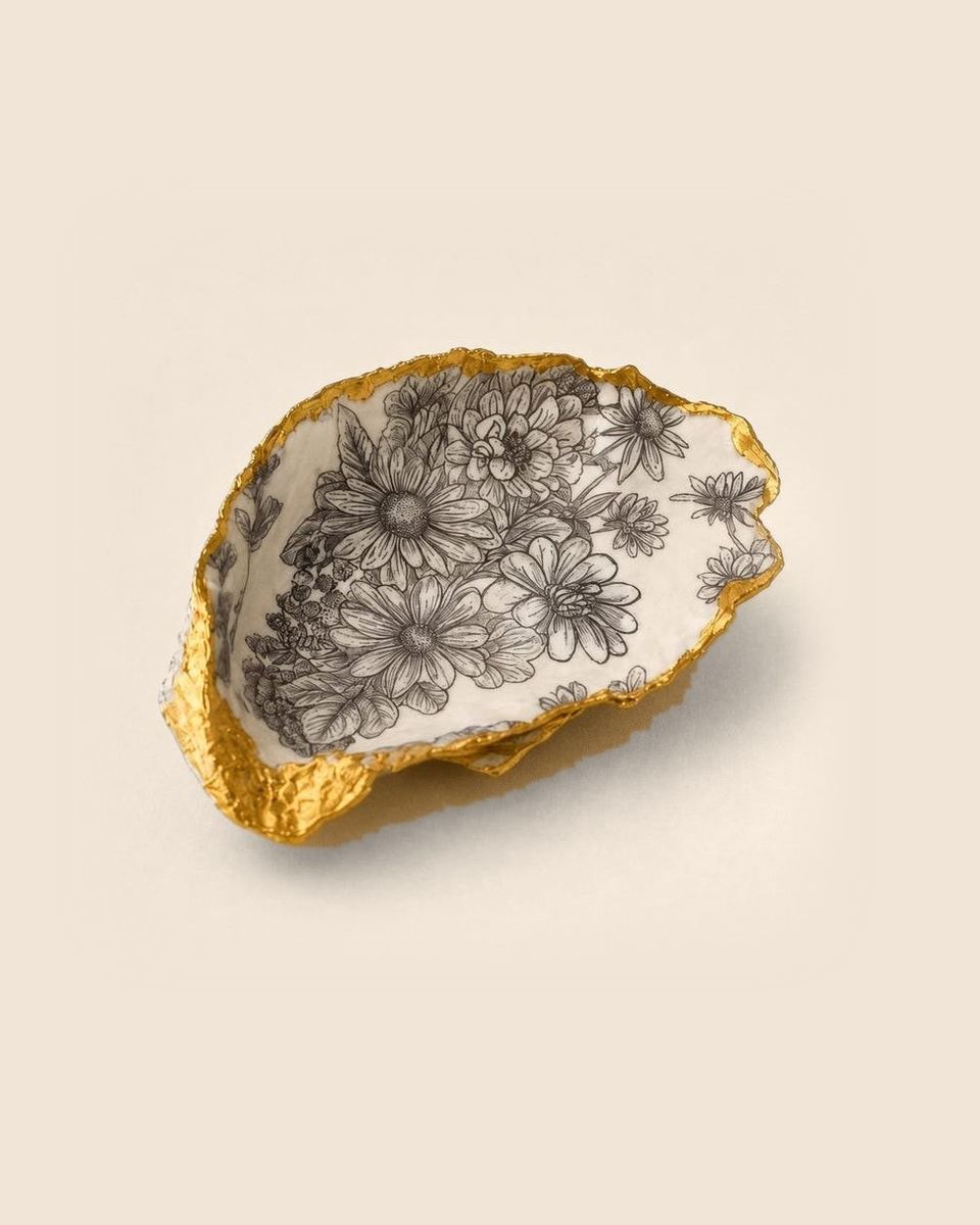 The Black Botanical oyster shell dish, black and white florals with a gold leaf edge