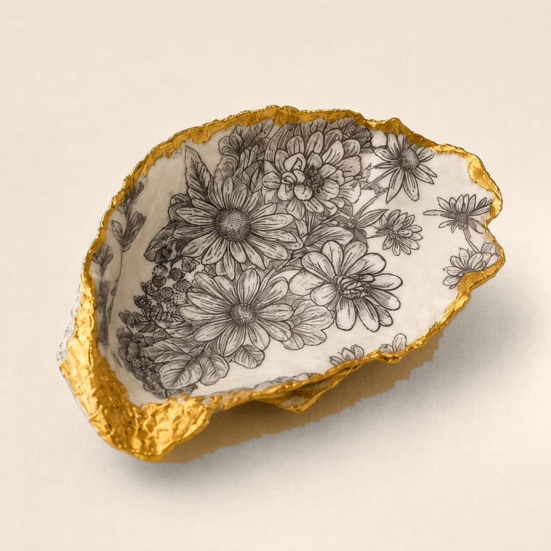 Black Botanical oyster shell ring dish with a gold leaf edge