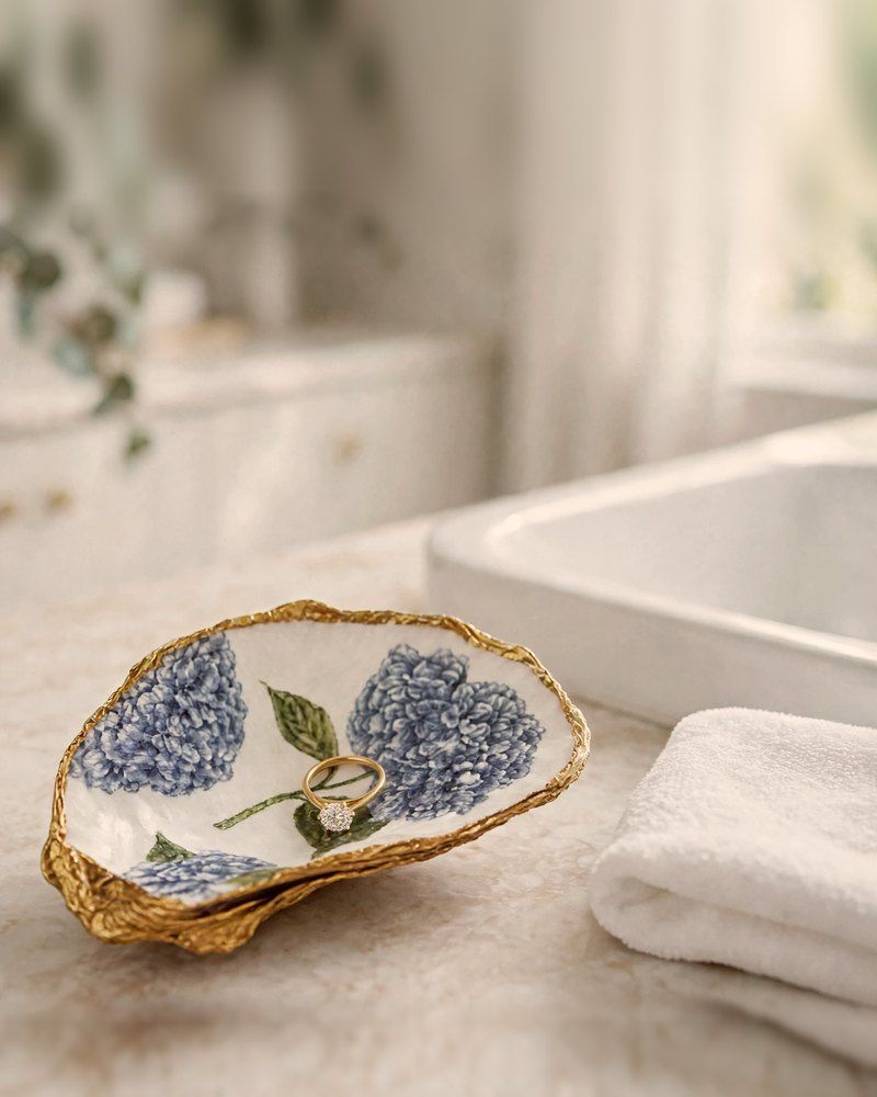Blue hydrangea oyster shell dish with gold leaf edge holding a ring on a bathroom counter