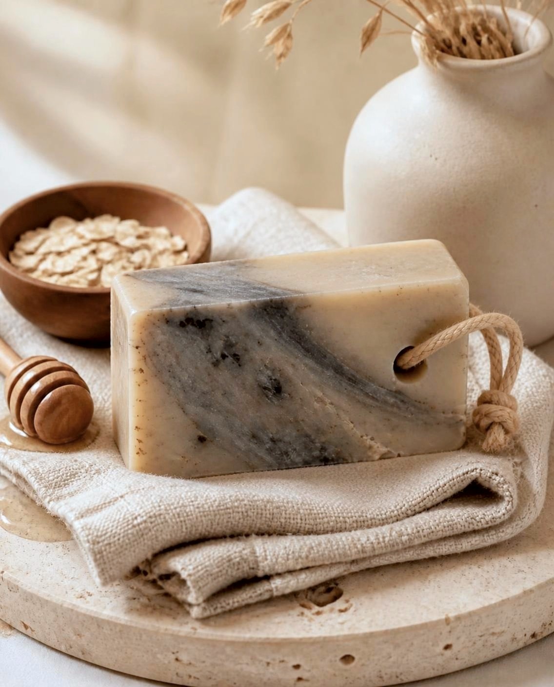 Honest Work, a cream and charcoal swirled handmade soap bar on a rope, on folded linen