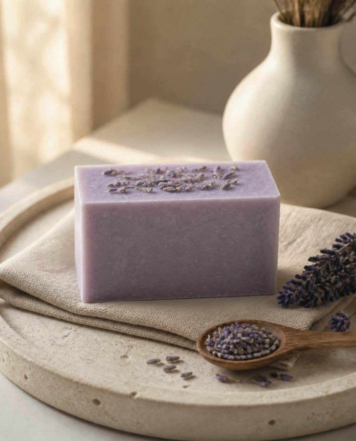 Hush, a soft lilac handmade soap bar with dried lavender buds, on folded linen
