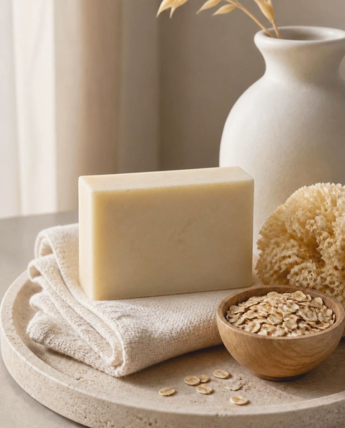 Little Love, soft cream handmade oatmeal soap bars on folded linen