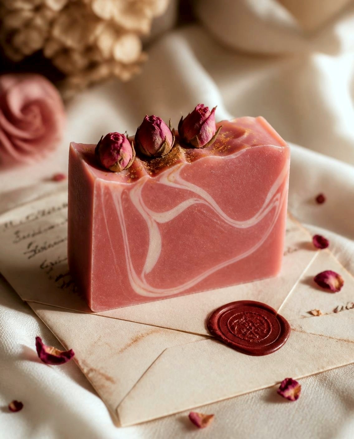Love Letter, a dusty rose handmade soap bar with cream swirls and three dried rosebuds, on a vintage envelope with a red wax seal