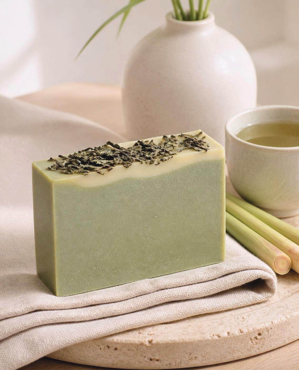 Midday Pause, a soft sage green handmade soap bar with a thin white line through the middle, on folded linen beside a cup of green tea and lemongrass