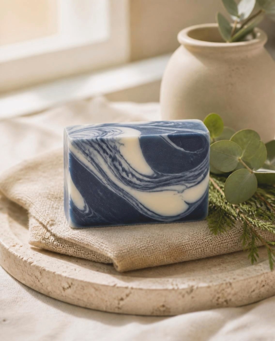 Moonlight, a navy blue and white swirl handmade soap bar on folded linen with eucalyptus