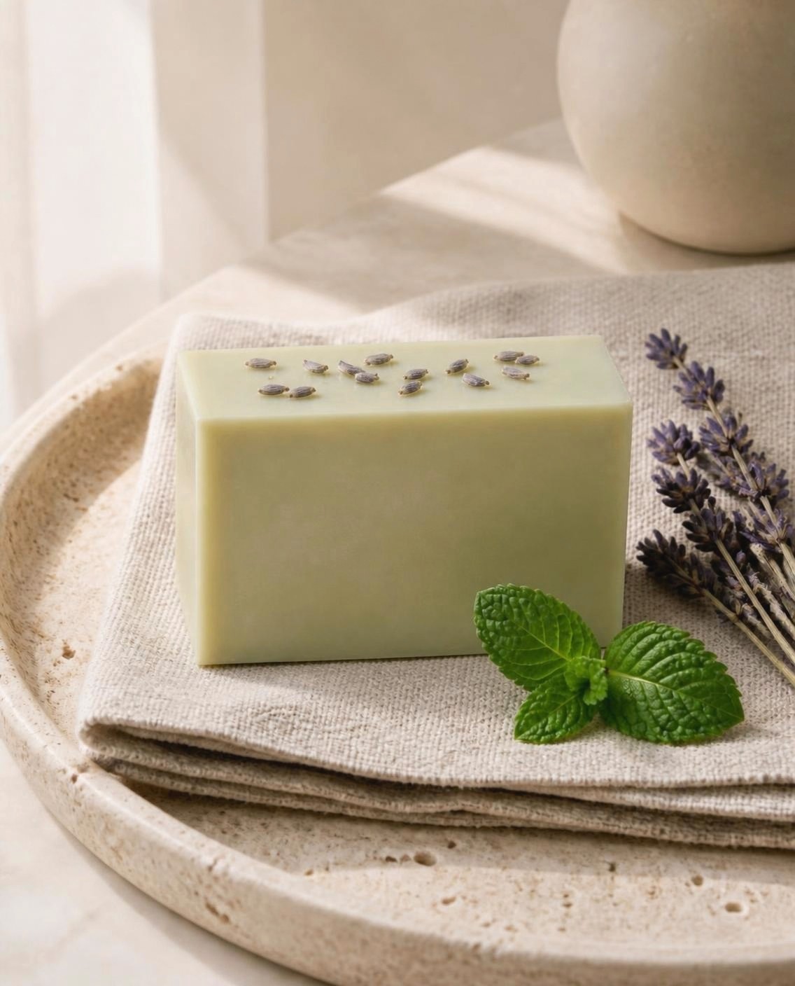 Morning Ritual, a pale green handmade soap bar with peppermint and lavender, on folded linen in morning light