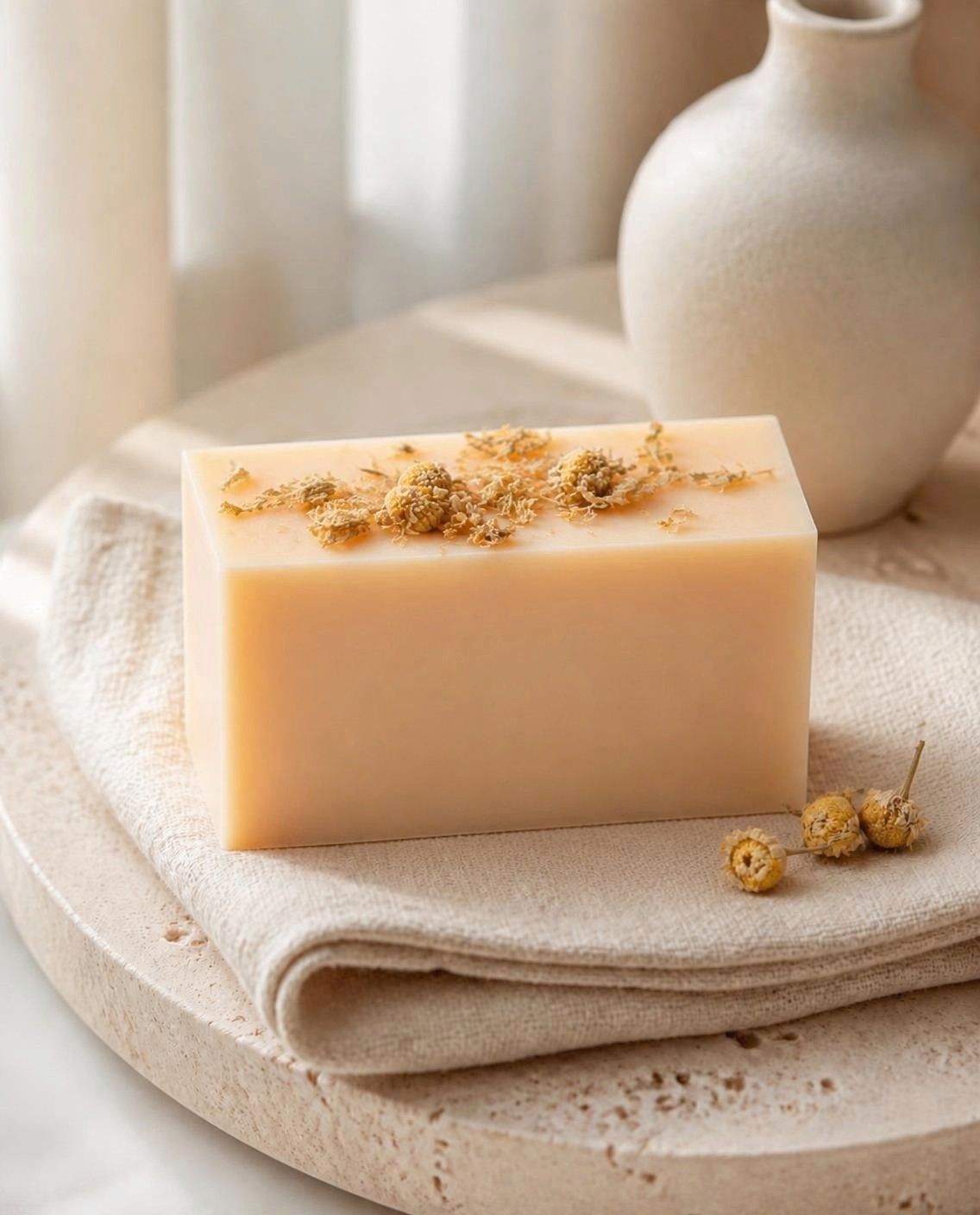 Quiet Chamomile, a pale orange handmade soap bar with chamomile petals, on folded linen in soft light