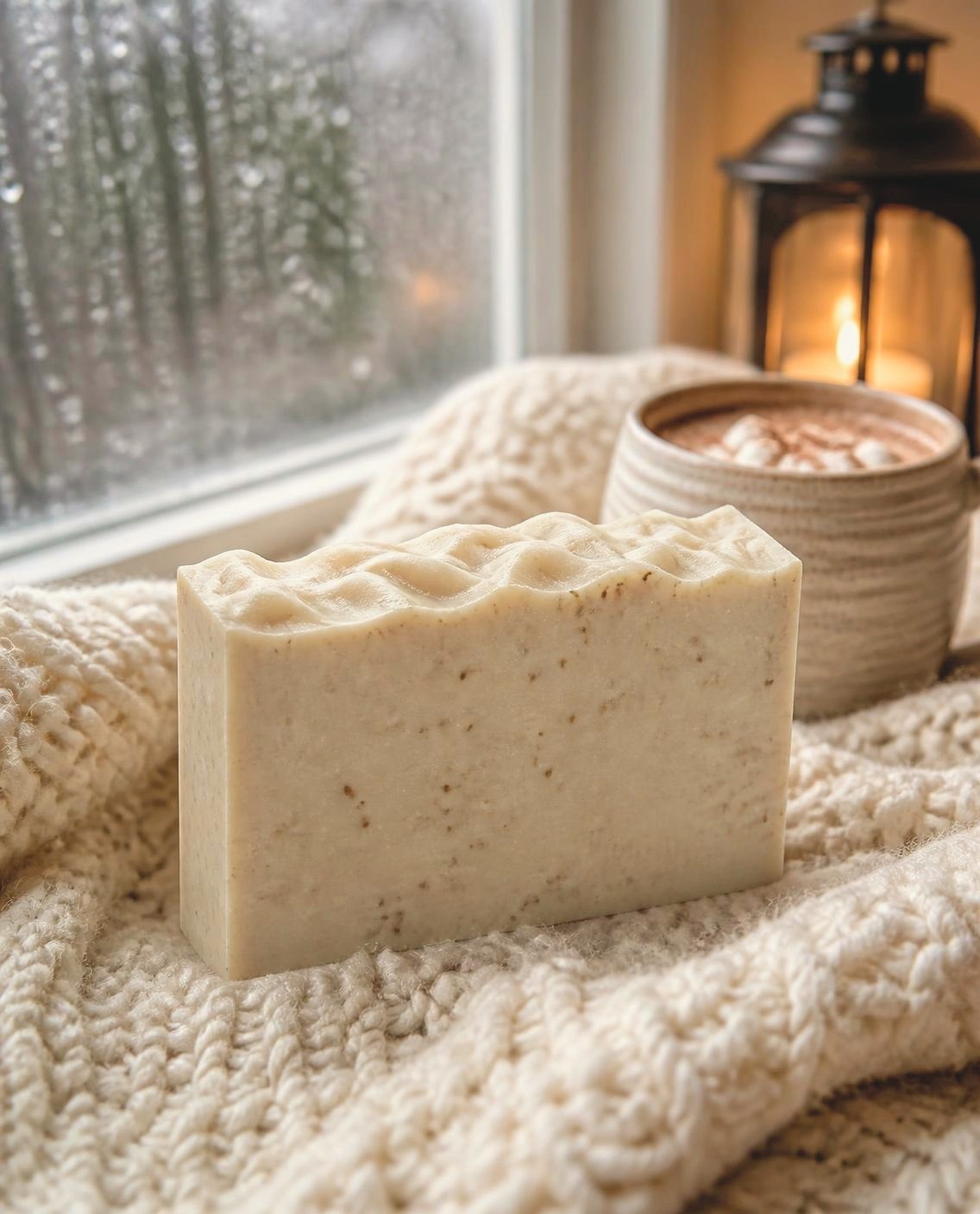 Stay In, a soft cream handmade soap bar with a swooping oatmeal-dusted top, on a knit blanket beside a mug of tea and a rainy window