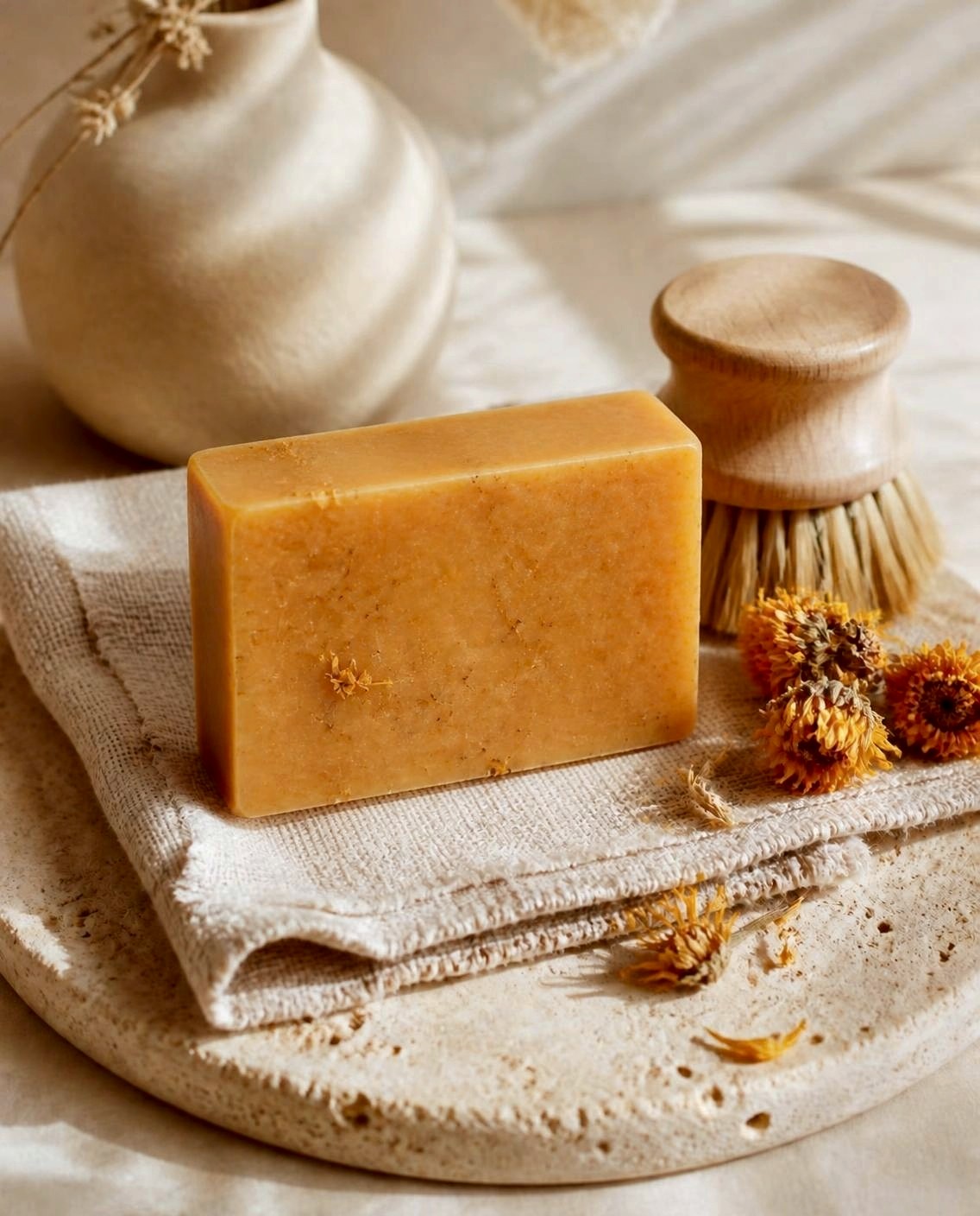 Sunday Supper, a sunny golden speckled handmade kitchen soap bar with calendula petals, on folded linen