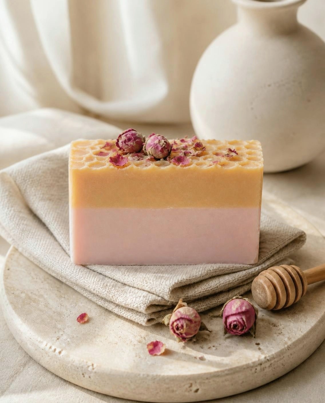 Welcome Home, a blush pink and golden honey handmade soap bar topped with rose petals, on folded linen